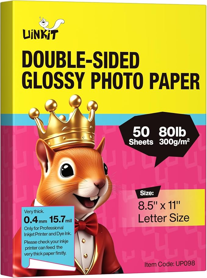 Uinkit 50 Sheets 8.5x11 Letter Size Thick Heavyweight Photo Paper Double Sided Glossy Cardstock 80LB 300Gsm 15.7Mil Brochure, Only for professional Inkjet Printer and Dye Ink