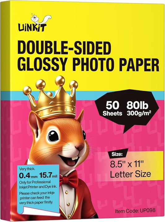 Uinkit 50 Sheets 8.5x11 Letter Size Thick Heavyweight Photo Paper Double Sided Glossy Cardstock 80LB 300Gsm 15.7Mil Brochure, Only for professional Inkjet Printer and Dye Ink