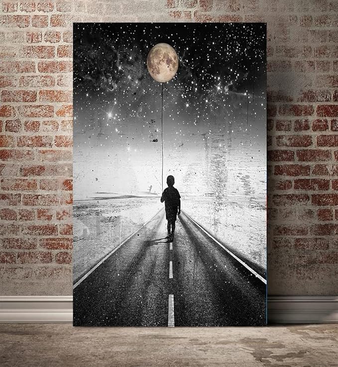 Yatsen Bridge The Road Inspirational Canvas Wall Art, Boy Walking in the Moonlight Canvas Picture Art Print, Modern House Wall Decorations Stretched and Framed Ready to Hang - 28x44 inches