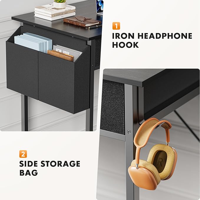Sweetcrispy Small Desk with Fabric Drawers for Bedroom Home Office, 32 Inch Computer Gaming Desk Writing Study PC Table with Side Bag Headphone Hook Metal Frame Adjustable Feet,Pure Black