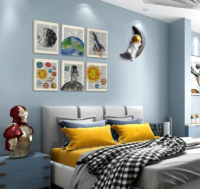 CHDITB Space Exploration Canvas Wall Art, Solar System Wall Decor, Set Of 6 Dictionary Outer Space Poster With Frame Astronaut Wall Art Universe Art Prints For Kids Room Nursery Decor (8x10 Inches)