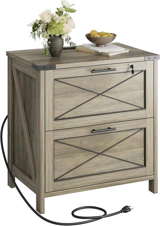DEVAISE Lateral File Cabinet with Lock, 2 Drawers & Charging Station, Farmhouse Wood Printer Stand with Large Storage, Fits A4/Letter/Legal Hanging Files, Gray Oak