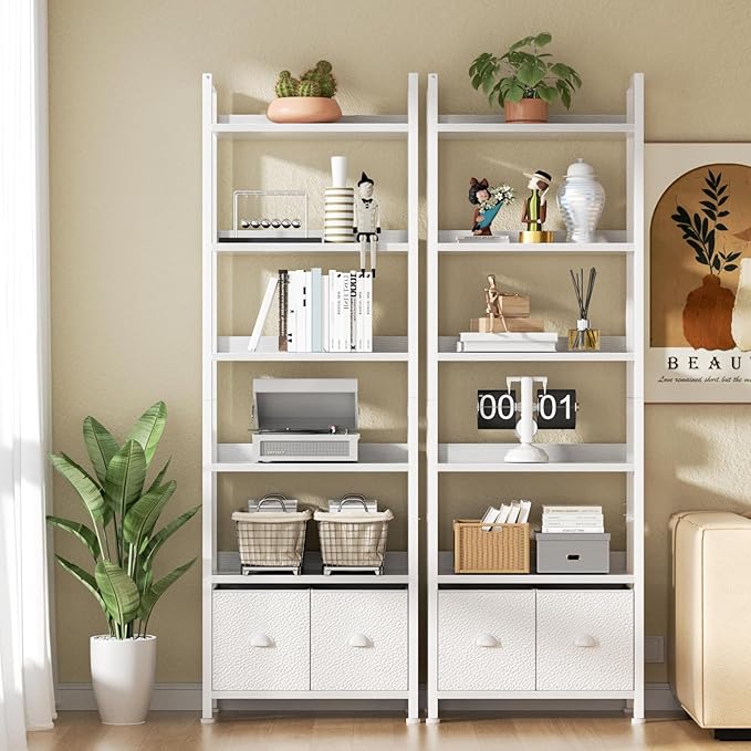 Furologee 6-Tier Bookshelf Set of 2,Tall Bookcase with 2 Drawers and Shelves, Industrial Display Free Standing Shelf Units, Storage Rack Organizer for Bedroom, Living Room, Home Office, White