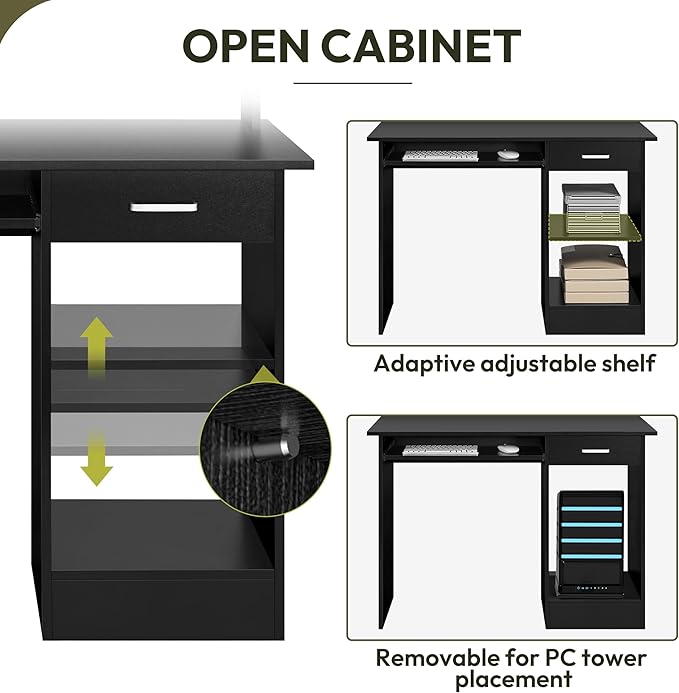 Yaheetech Home Office Wood Computer Desk with Drawers and Pull-Out Keyboard Tray, Study Writing Desk PC Laptop Table with Hutch and Storage Shelves, Modern Workstation, Black