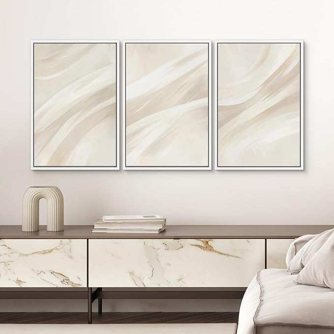 SIGNWIN Framed Canvas Print Wall Art Set Abstract Beige Flow Neutral Brushstroke Illustrations Modern Art Decorative Boho Relax/Zen Nordic for Living Room, Bedroom, Office - 16"x24"x3 White