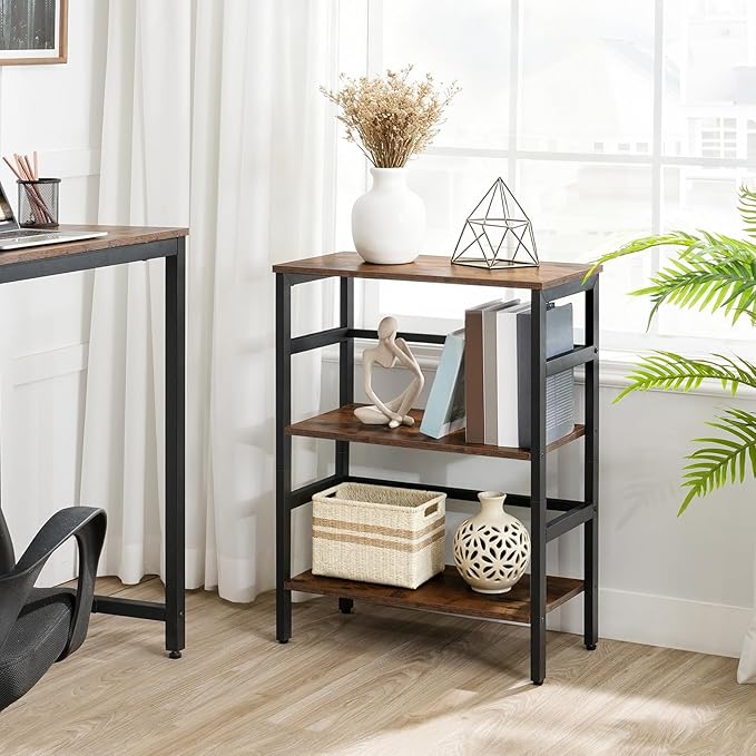 HOOBRO 3 Tier Bookshelf, 23.6" L Industrial Bookcase, Record Storage Rack with Side Fence, Storage Shelf with Metal Frame, Rustic Open Display Shelf for Living Room, Bedroom, Rustic Brown BF86CJ01G1