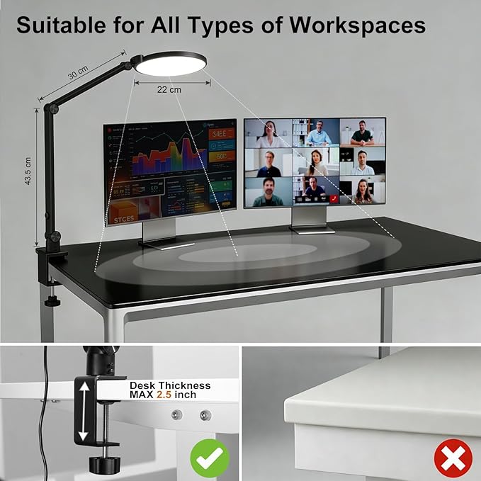 NS LED Desk Lamp for Home Office, LED Desk Light for Video Calls, Adjustable 3000K-6500K Office Lamp with Remote Control, Timer, Memory, CRI95+, Dimmable Desktop Lamp