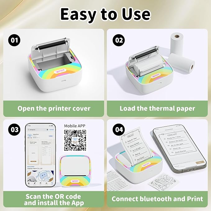 iDPRT Mini Printer with 1 Roll Sticker Paper, Portable Sticker Maker Machine Efficiently and Quickly, Thermal Printer for Study Notes, Pictures, DIY, Label, Rainbow