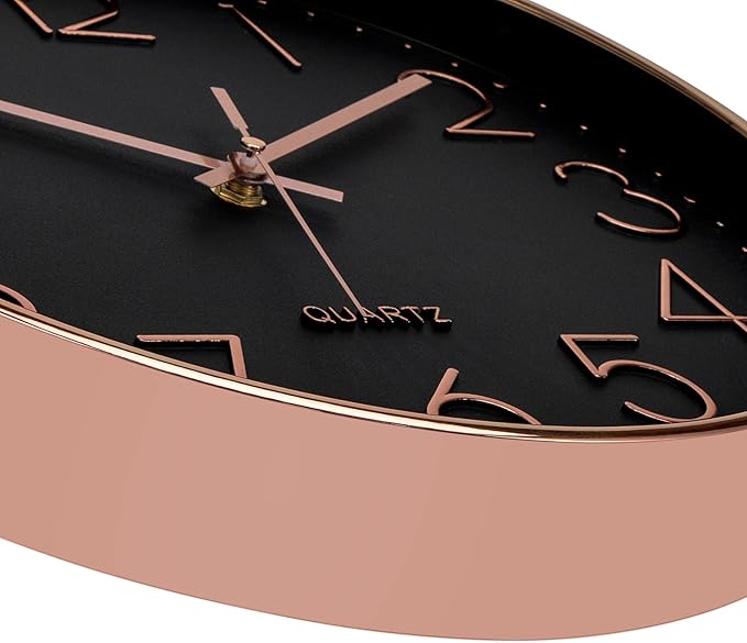 Foxtop Modern Wall Clock 12 Inch Non-Ticking Silent Battery Operated Round Quartz Rose Gold Wall Clock for Office Bedroom Living Room Kitchen Home School Decor (Black Dial)