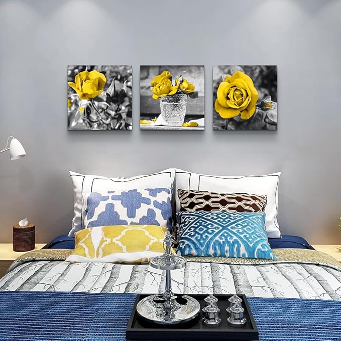 DZRWUBHS Canvas Wall Art - Modern Decor For Bedroom, Living Room, Kitchen, Bathroom - Black And White Wall Pictures - Yellow Rose Flowers - Girls Room Artwork