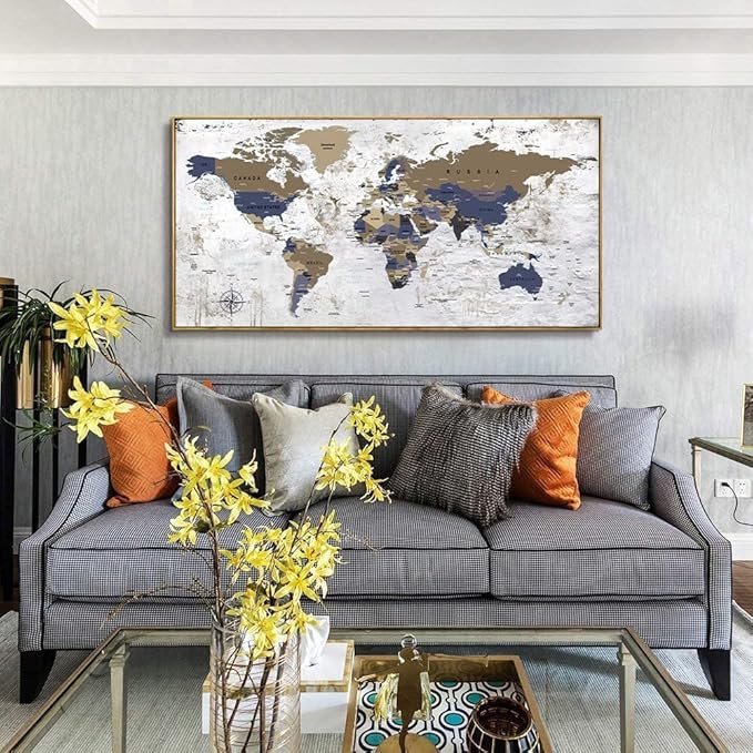 Framed Wall Art World Map Wall Art Canvas Picture24inx48in Large Grey Map of The World Canvas Painting Artwork Prints for Office Wall Decor Home Living Room Decorations Framed Ready to Hang