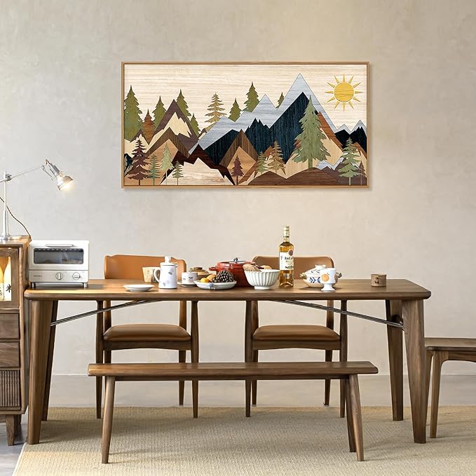 Mountain Pine Tree Framed Canvas Wall Art Set, Nature Wilderness Illustration Wall Decor, Woodcut Forest Wall Painting, Mid Century Modern Art Print for Living Room Bedroom Office 20"x40"