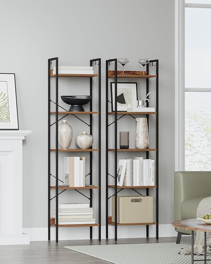 Bookshelf, Book Shelf, Industrial Bookcase with 2 Hooks, Coner Shelf Storage Organizer for Home Office, Living Room, Bedroom, Kitchen, 5-Tier Rustic Brown BC10501B
