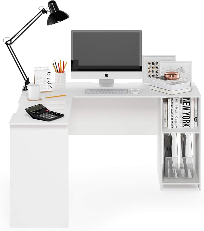 Furinno Indo L-Shaped Computer Desk with Bookshelf, White