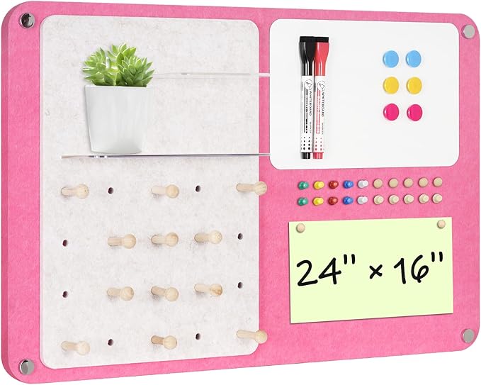 DOLLAR BOSS 3-in-1 Foldable Bulletin Board 16"x24" Horizontal- Magnetic Whiteboard with Cork & Acrylic Shelves, Sound-Absorbing Felt for Home/Office/Dorm Includes Pins/Magnets (Pink)