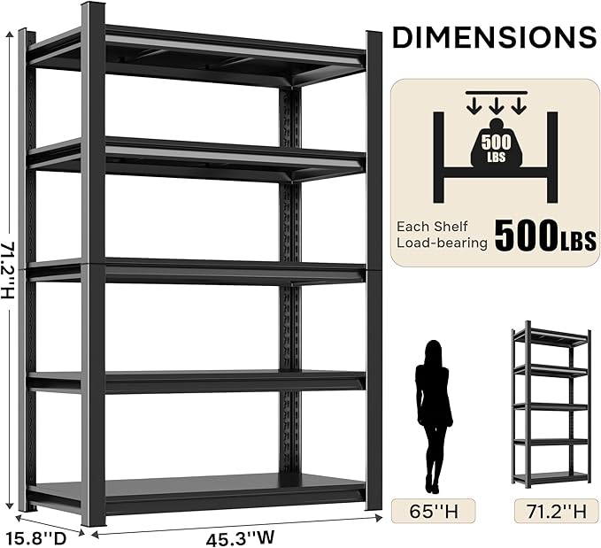 Tall 5 Tier Bookshelf - Heavy Duty Metal Bookcase, Adjustable Industrial Design - Wide Storage for Living Room/Library/Study, Black