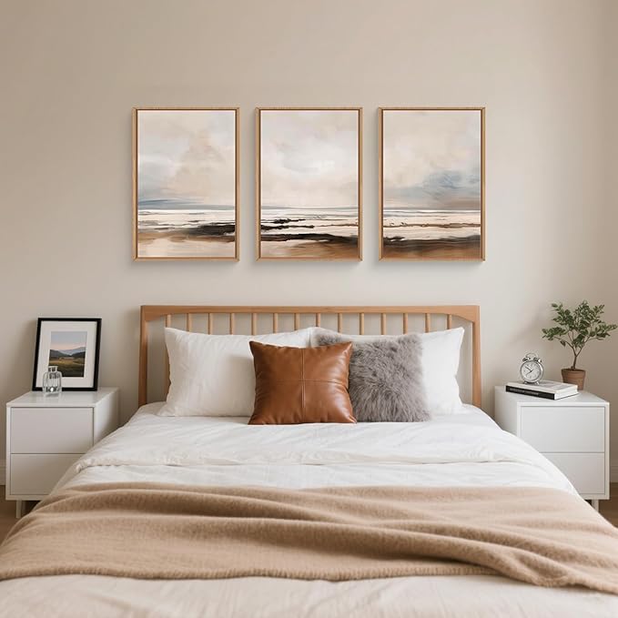HOURIA Large Neutral Abstract Gray Framed Wall Art Set,Minimalist Modern Beige Brown Landscape Wall Decor,Wilderness Filed Artwork,Watercolor Misty Lake Print for Living Room,Bedroom,Office- 24"x36"x3