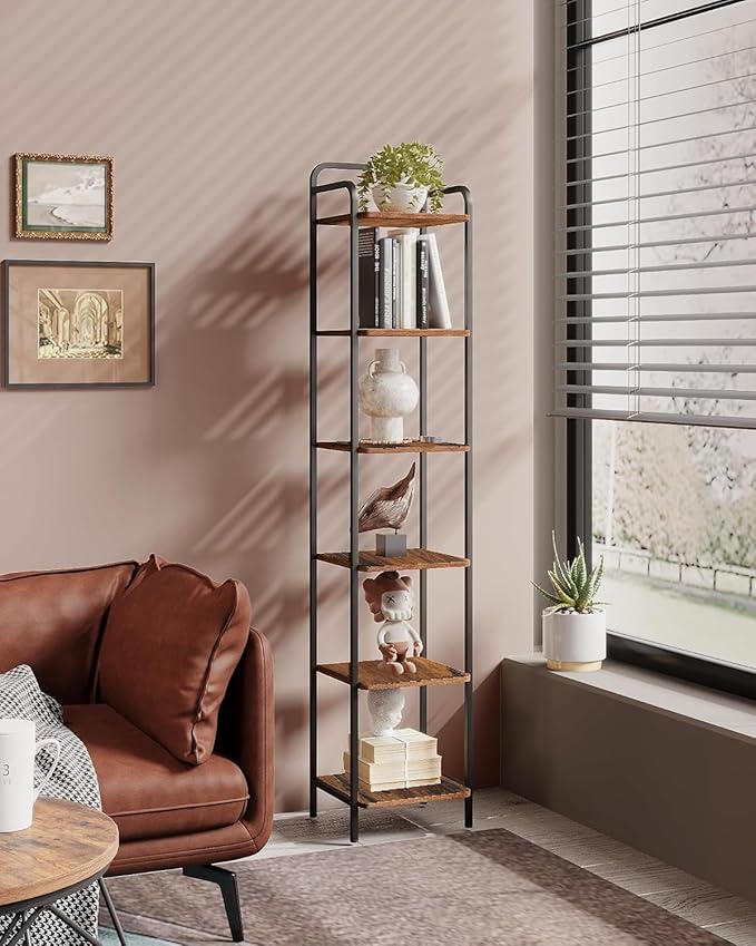 Bookcase Bookshelf, Narrow Book Shelf, Industrial Corner Shelf Storage Organizer, Slim Shelving Unit for Home Office, Living Room, Bedroom, Kitchen, 6-Tier Rustic Brown and Black BC24601B