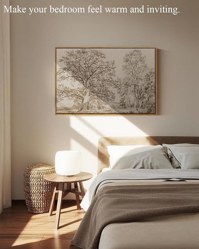 InSimSea Framed Canvas Prints Vintage Decor, Rustic Nature Sketch Tree Landscape Paintings Wall Art, Large Countryside Farmhouse Hanging Wall Decor for Living Room Bedroom, 24x36inch