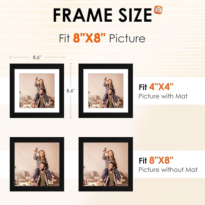 FIXSMITH 8x8 Picture Frames Set of 2, Photo Frame with HD Plexiglass, Display Pictures 4x4 with Mat or 8x8 Without Mat Multi Picture Frames Collage for Tabletop or Wall Display, Black