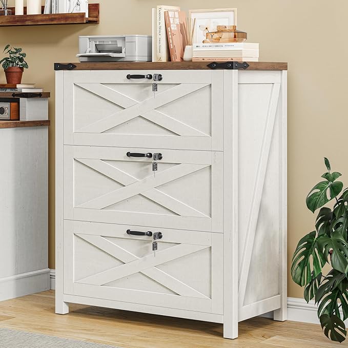 File Cabinet with 3 Drawers, Lateral File Cabinet for Letter/Legal/A4 Size Hanging Files, Large Wood File Storage Cabinets Printer Stand for Home Office, Rustic White and Brown