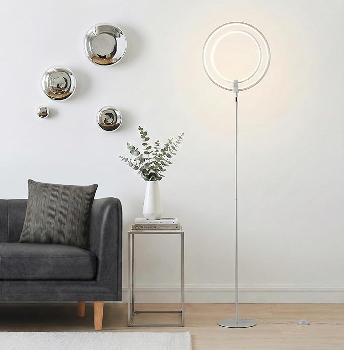 Brightech Eclipse Dimmable LED Floor Lamp, Modern Torchiere Floor Lamp for Living Rooms & Offices – Super Bright Tall Lamp with Dimmable Options for Reading, Standing Lamp Living Room Décor - Silver