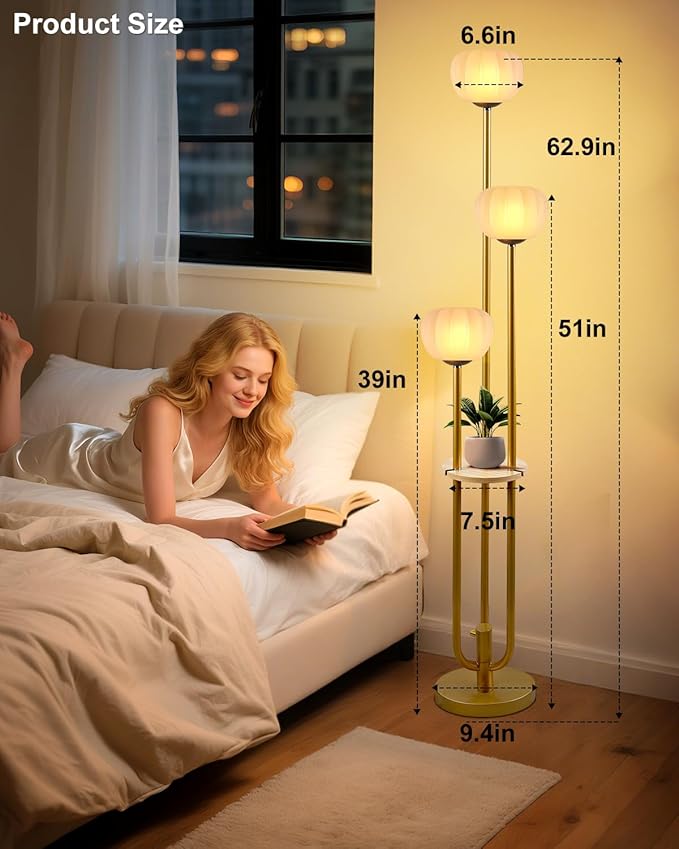 Gold Floor Lamp with Table, Modern Dimmable Floor Lamps with Pumpkin Lampshade, 3000K Soft Warm White Bulbs Included, 3-Light Tall Standing Lamp for Living Room/Bedroom