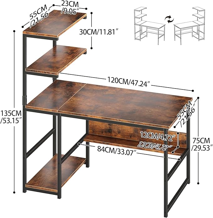 ALISENED 47 Inch Computer Desk with 4-Tier Storage Shelves, Modern Large Office Desk Computer Table Studying Writing Desk Workstation with Bookshelf and Tower Shelf for Home Office