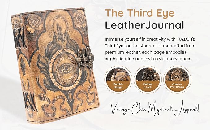 TUZECH Book of Spells Leather Bound Journal Deckle Edge Paper Grimoire Printed Diary Third Eye witchcraft supply and Witch Spell Notebook Antique Vintage Book for Men and Women (The Third Eye)