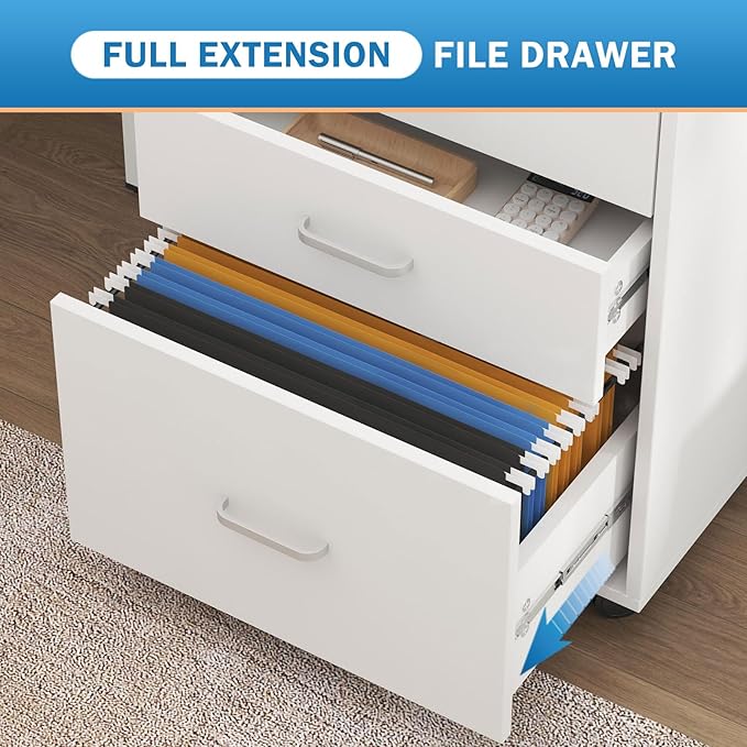 Need 3 Drawer Wood Mobile File Cabinet with Lock,Rolling Filing Cabinet for Letter/A4 Size for Home Office,White,10CZLXFC04WT-ND-XIN