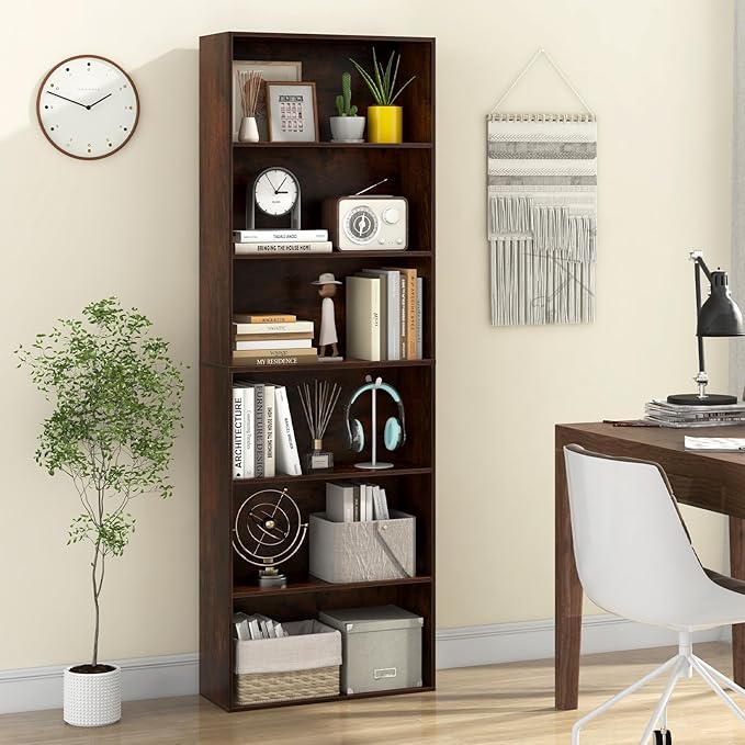 Giantex 6-Tier Bookcases Set of 2, 70" Tall Wooden Bookshelf, Freestanding Storage Organizer w/Open Shelves, Anti-Tipping Kits, Modern Floor Standing Display Shelves for Living Room, Rustic Brown