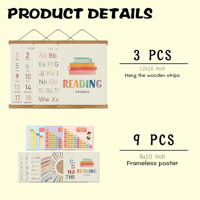 Educational Classroom letters for Kids Wall Art Set of 12 – 3 Hanging Posters 16x12in+9 Prints 8x10in, Numbers Alphabet Canvas Wall Decor Preschool Kindergarten Nursery Homeschool Learning Home Decor