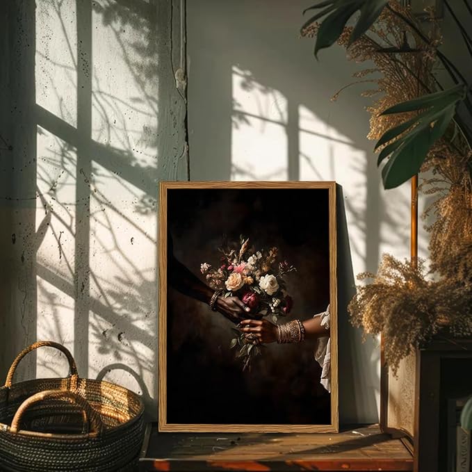Framed Black Love Floral Wall Art, African American Couple Canvas Wall Decor Prints, Dark Romantic Holding Flowers Paintings Pictures Moody Home Decor Aesthetic for Living Room Bedroom 16x24 inch