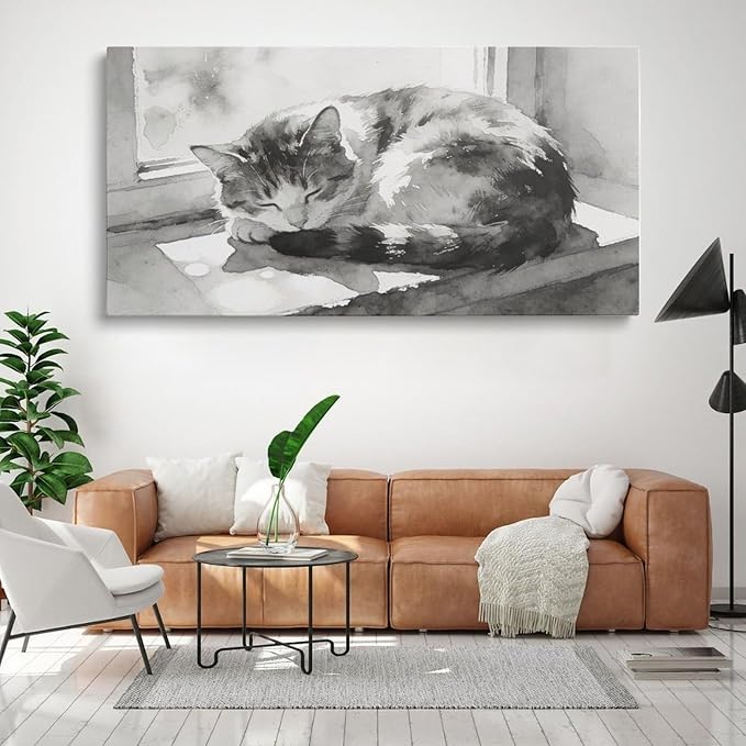 Black White Cat Framed Canvas Wall Art for Bedroom, Minimalist Animal Wall Decor 32" L x 16" W