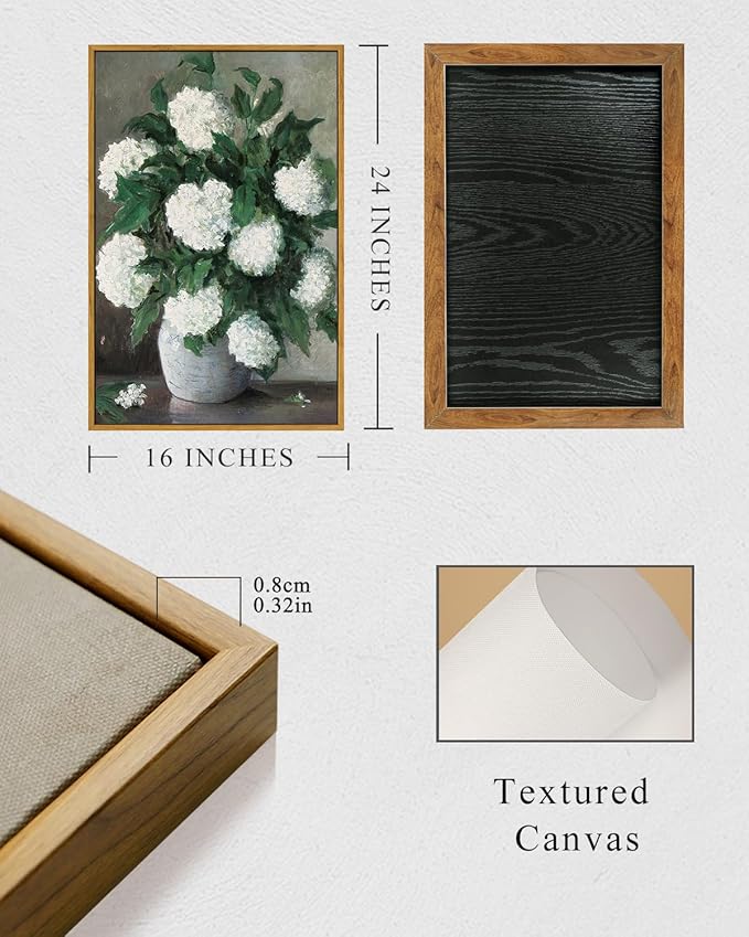 InSimSea Framed Canvas Prints Art Vintage Decor, Flower Wall Art Home Decor, White Hydrangea Paintings Large Prints, Botanical Floral Wall Decoration for Living Room Bathroom Office, 16"x24"