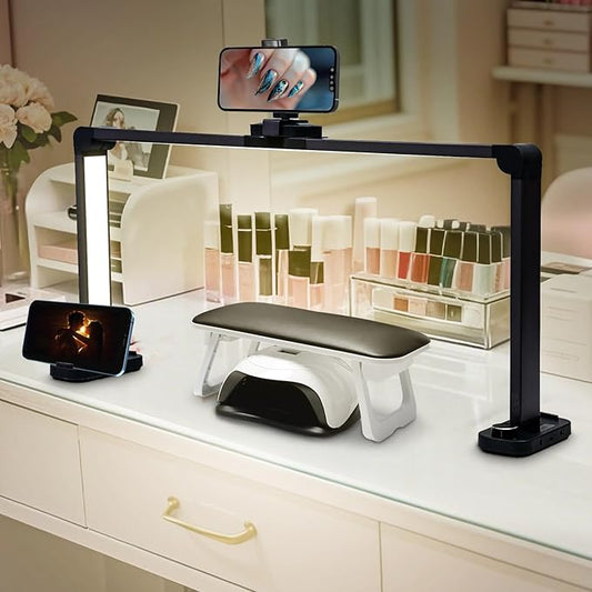CGBE Foldable Nail lamp for Desk: Large Wide Half Moon Light with Phone Holder for Nail Salon Technicians - No Glare Craft Desk Light for Manicure lash Task for Esthetician 33.5'' - Black