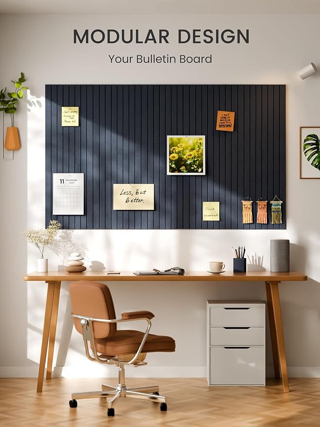 Bumusty Large Cork Board Alternative-48 x 36" Felt Bulletin Board Tiles, with 30 Pushpins, 70 Adhesive Tabs, 12-Pack Slat Wall Paneling, Cork Boards for Office Push Pin Board-Deep Charcoal Blue
