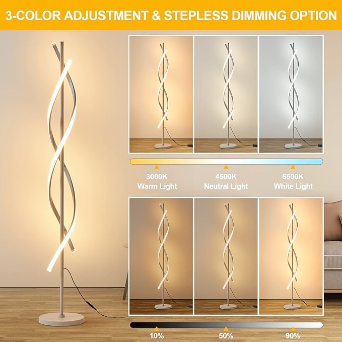 LED Floor Lamps for Living Room,Spiral Modern Floor Lamps with Remote Control 60 Inch Dimmable White Floor Lamp 48W Standing Lamp with Timer 3 Color Temperature Corner Floor Lamp for Bedroom