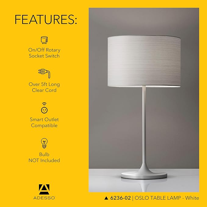 Adesso Table Lamp with Scratch Proof and Corrosion Resistant Body - Perfect Lighting for Bedroom and Living Room Decor, Matte White