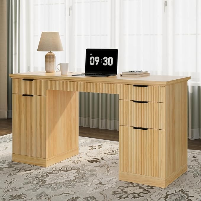 FURSUN 58" Executive Desk with Charging Station & File Drawer, Modern Fluted Home Office Desk with 5 Drawers & Keyboard Tray, Large Computer Writing Desk, Natural Oak