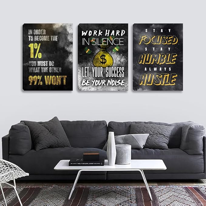 Inspirational Wall Art Motivational Wall Art 3 Pieces Canvas Wall Art Office Decor Hustle Quotes Poster Painting Print Artwork Framed for Bedroom Living Room Gym(72''Wx 36''H)
