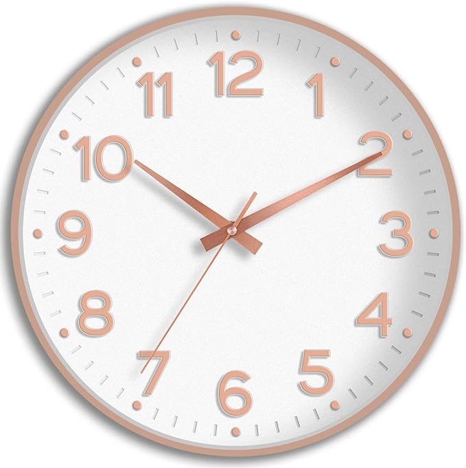 Wall Clock 12 Inch Silent Wall Clocks Battery Operated- Modern Non Ticking Analog Clock Decorative for Living Room Bedroom Office Kitchen(White Rose Gold)