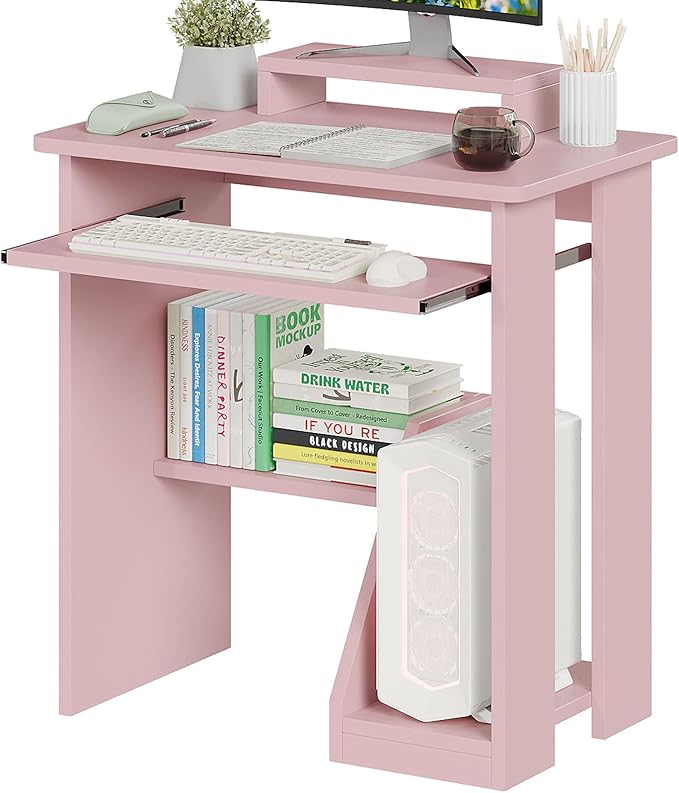 ALISENED 30" Small Computer Desk with Keyboard Tray Monitor Stand, Study Writing Desk with Storage Shelves, Modern Workstation for Small Spaces, Save Space, Pink