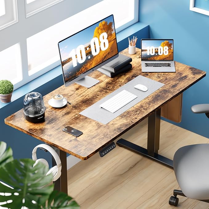 Sweetcrispy Electric Standing Desk Adjustable Height, 48x24 Inch Sit Stand Up Home Office Desks Computer Workstation PC Work Table with 3 Memory Preset Splice Wood Board Metal Frame, Rustic