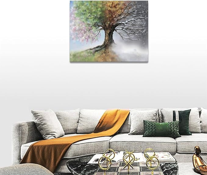 Tree of Life Wall Art Four Season Trees Pictures Decor Rustic Nature Canvas Country Painting Modern Artwork Home Decorations for Bathroom Living Room Bedroom Office Framed 16"x12"