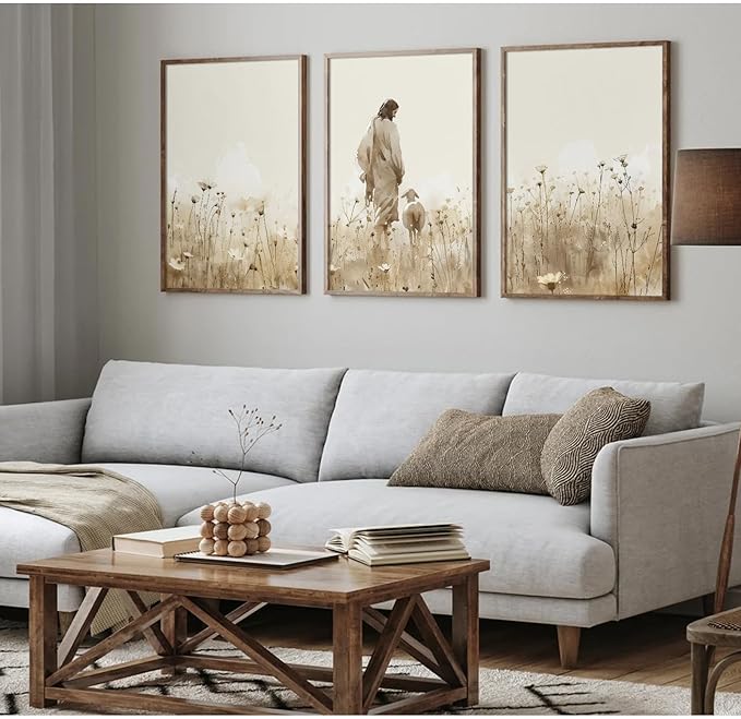 Jesus Leaves the 99 Sheep Wall Art Christian Canvas Poster Jesus and Lamb Wall Decor Religious Pictures Lost Sheep Painting God Christ Painting Artwork for Bedroom Living Room 16x24x3 Inch Unframed