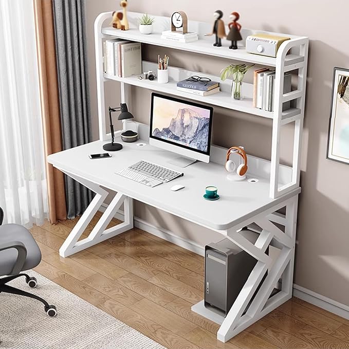 39.3in Gaming Desk with Bookshelf Combo, Computer Desk with Pegboard, Large Writing Table with Desktop Shelves, Ample Leg Room, for Home Office (White, 39.3in)