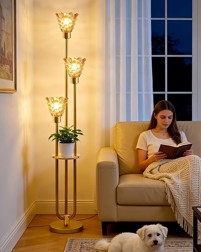 3-Light Modern Glass Floor Lamp with Shelf, Gold Tall Standing Lamp with Amber Flower Glass Shade, LED Floor Lamp with Foot Switch for Living Room Bedroom Home Decor, Bulb Included