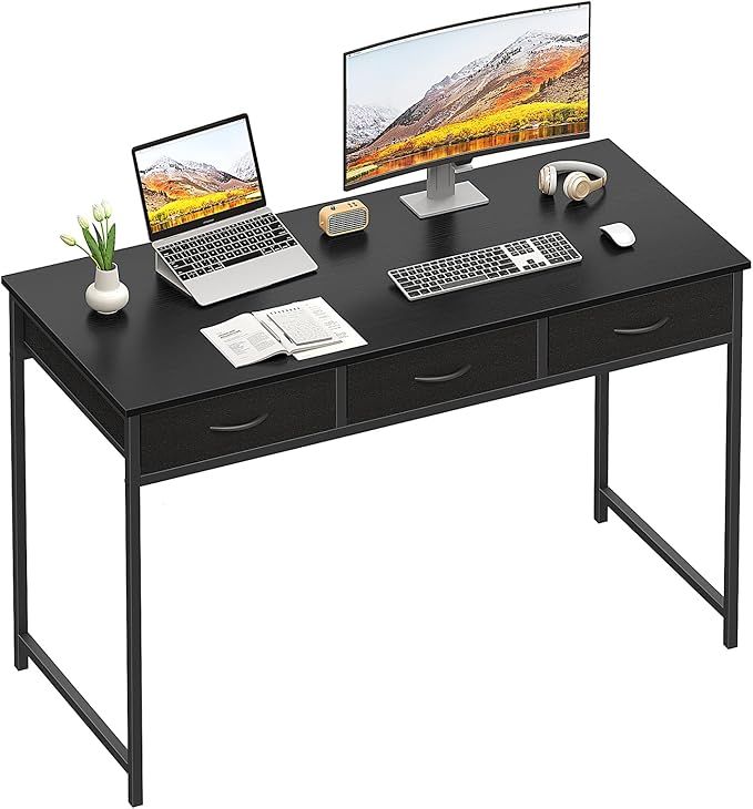 WOHOMO Computer Desk with 3 Drawers, 47.2 Inch Small Vanity Desk with Storage, Home Office Bedroom Desk for Small Spaces, Modern Work Writing Study Gaming Tables, Black