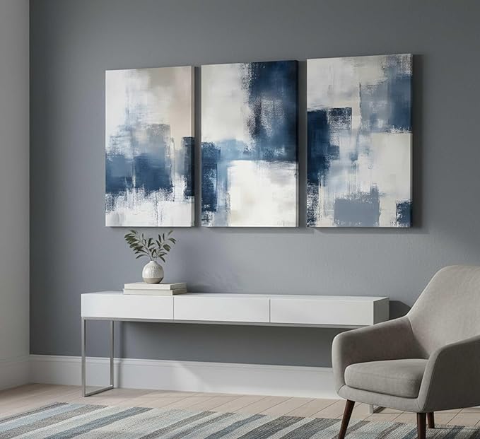 3 Pcs Navy Blue Abstract Canvas Wall Art Modern Minimalist Neutral Blue and Grey Paintings Pictures Wall Decor Poster Print Artwork for Living Room Bedroom Office Home Decoration